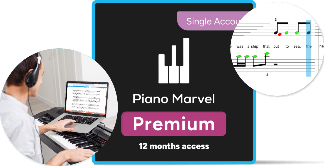 Piano Marvel Premium gift card. 12-months for a single account. Learn piano with Piano Marvel. 